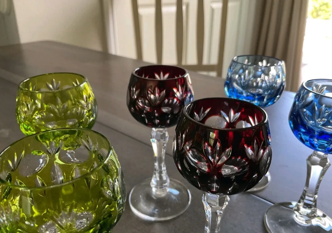 Vtg German Multi-colored set 8 , H 4" Crystal glasses image indicator(3)