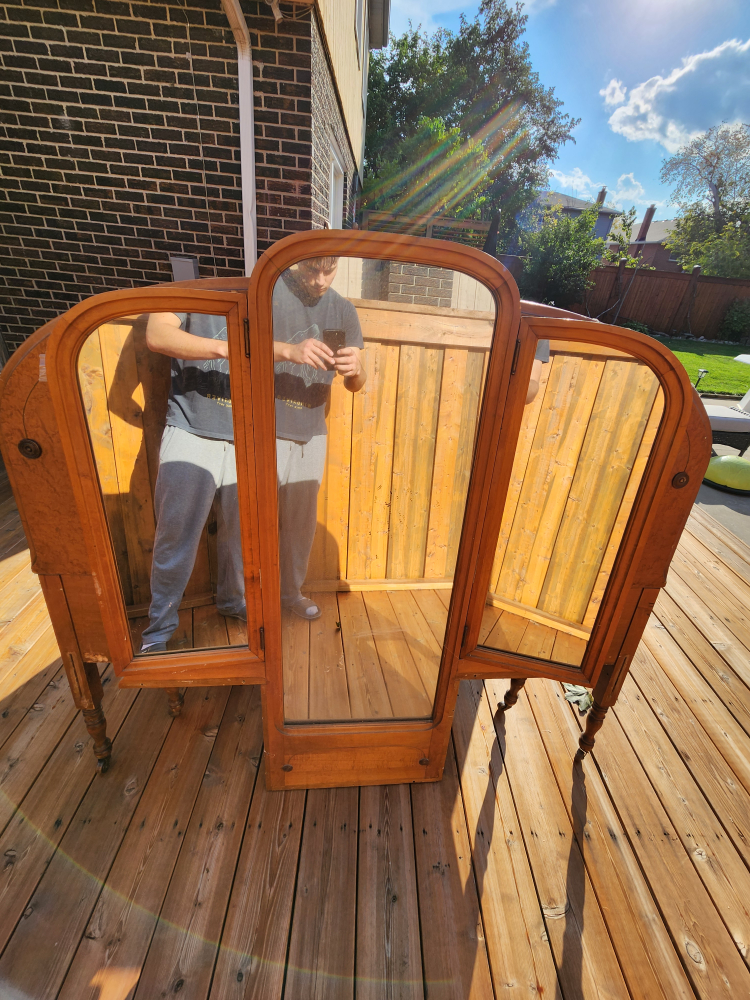 Antique double bed dressing table trifold mirror/original stool - photo 5