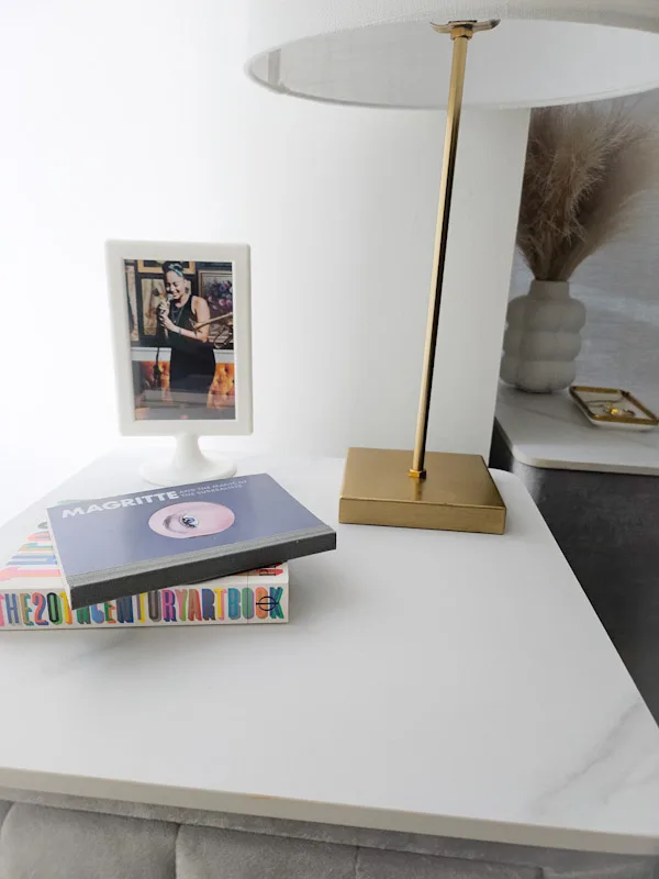 Gray Upholstered Side Tables with Gold Handles image indicator(9)