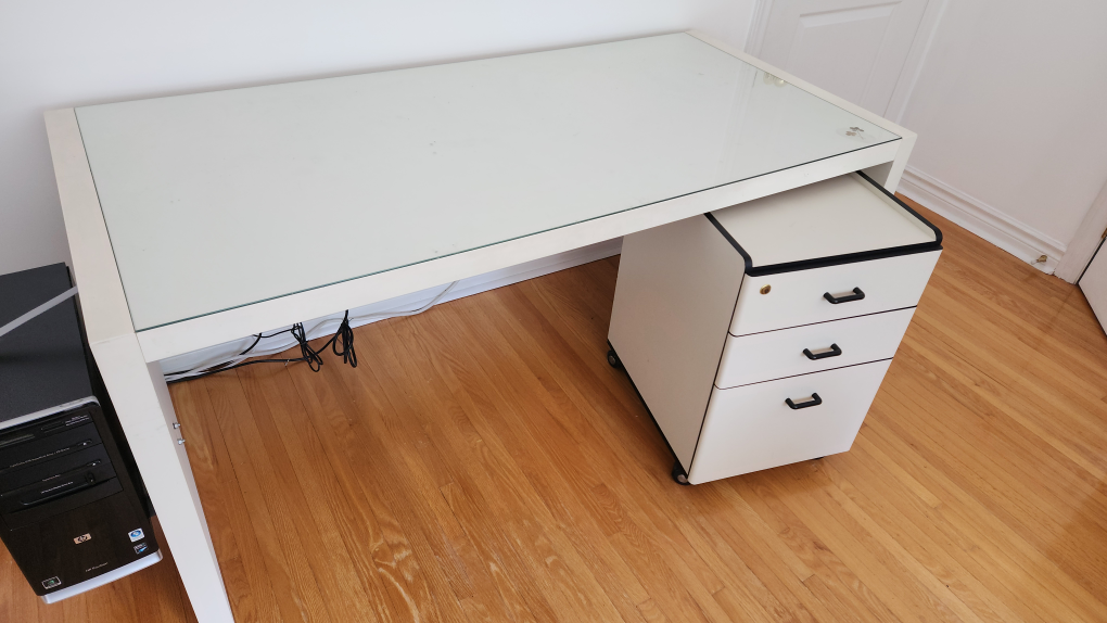 White Desk with Glass Top & Rolling File Cabinet