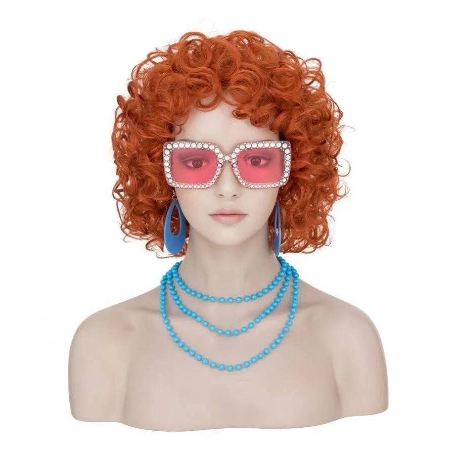 New~Short Orange Curly Wig Halloween, Cosplay W/ Accs(7 Pcs)