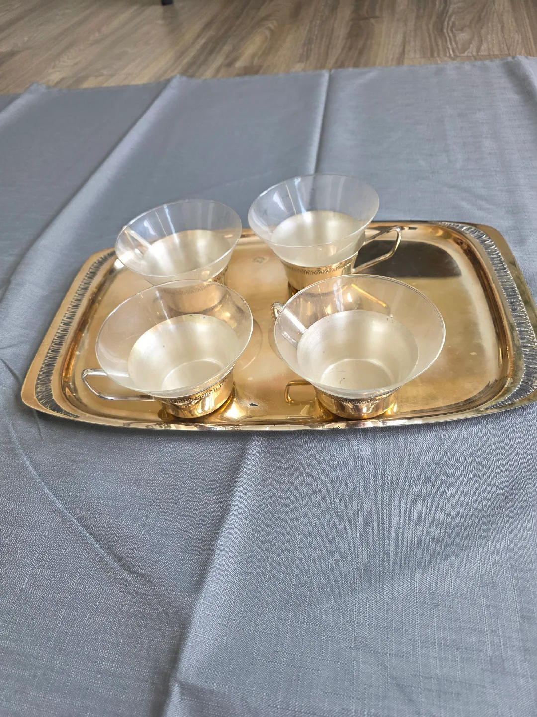 Vintage Silver Tray with Glass Cups thumbnail
