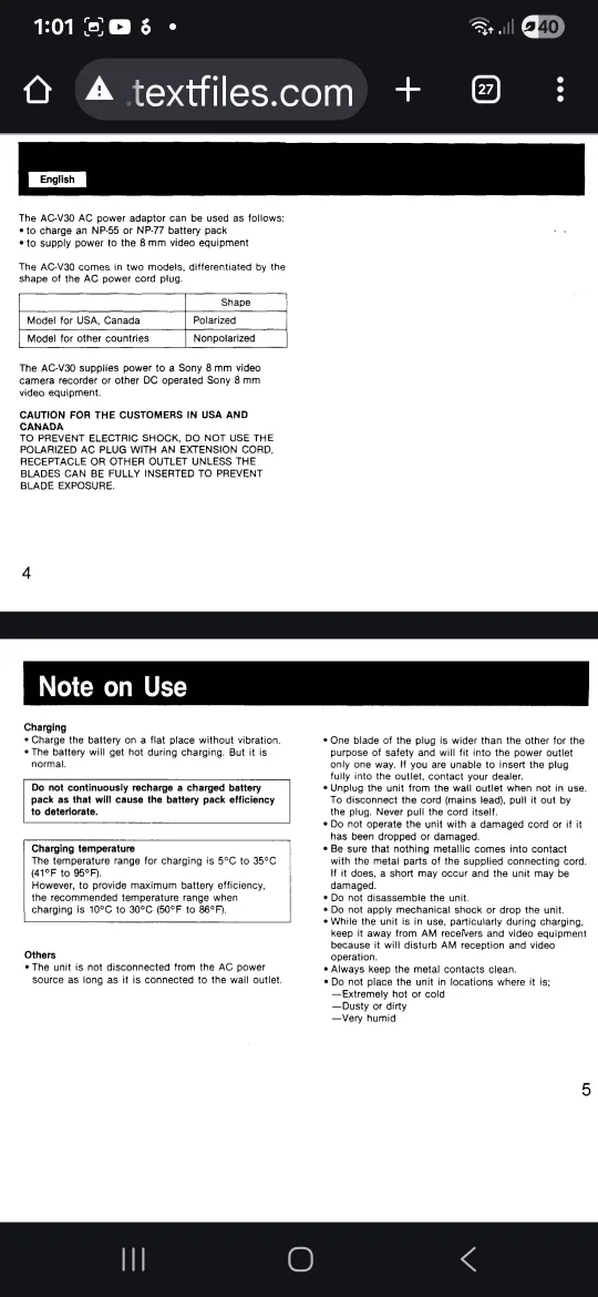 Sony Camcorder AC-V30 AC Power Adaptor/Battery Charger image indicator(8)
