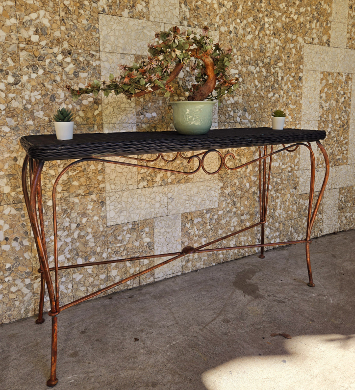 Vintage RattaVintage Rattan Console Table With Wrought Iron Base - photo 5
