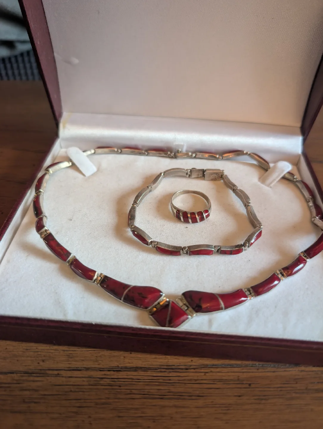 Vintage Mexico 950 Silver & Red Stone Jewellery Set