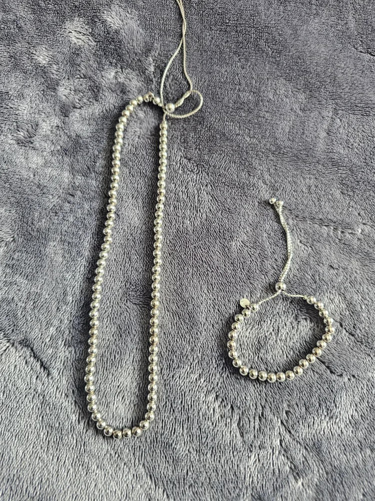 Silver Beaded Necklace and Bracelet Set thumbnail