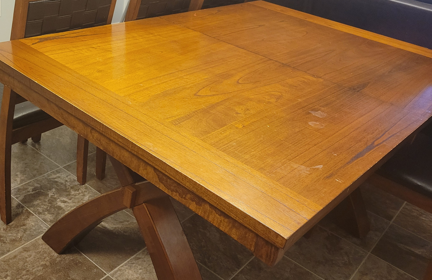 Dining Table with 4 Chairs - Wood & Woven Leather