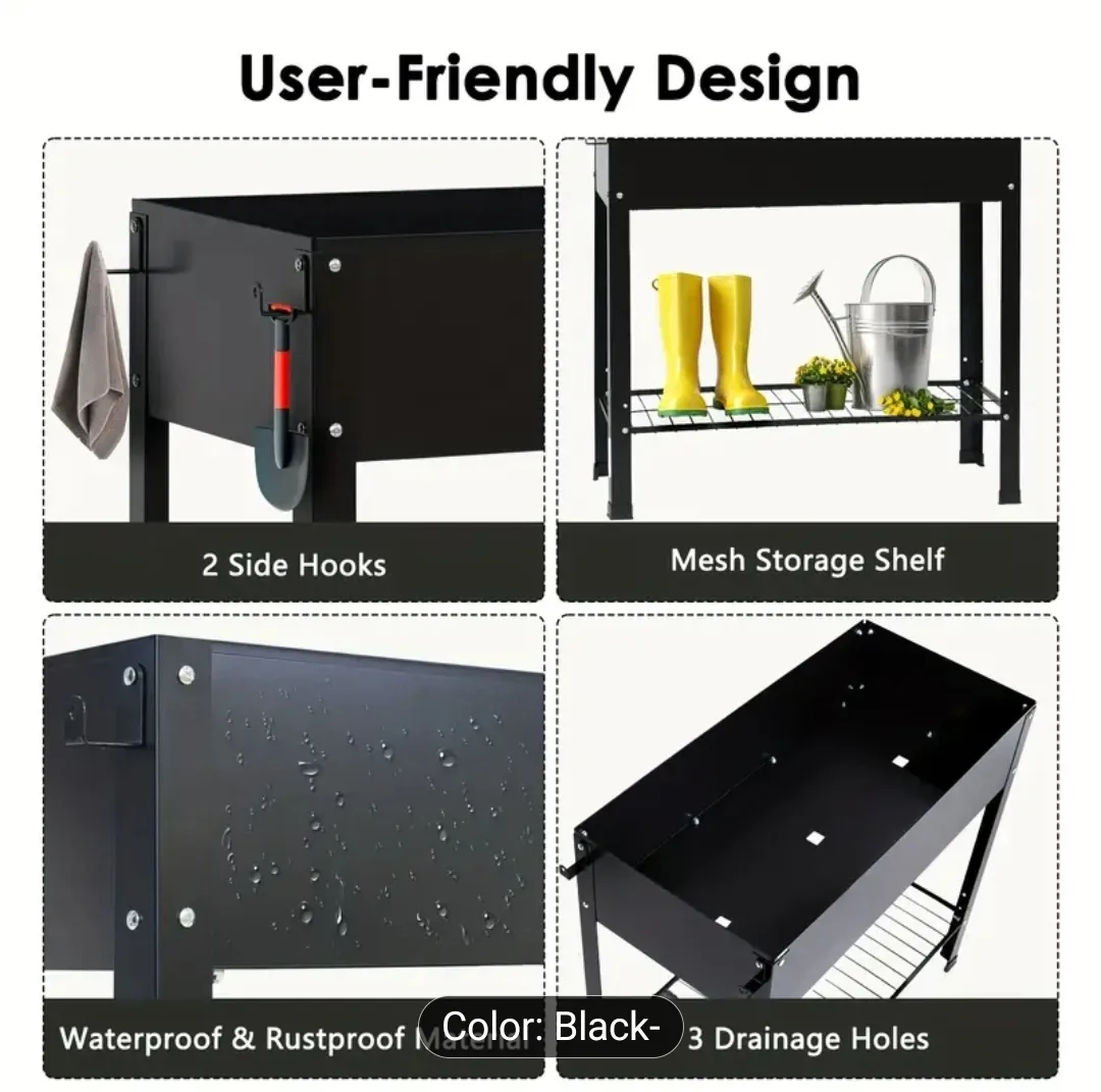 Black Raised Garden Bed with Storage Shelf image indicator(7)