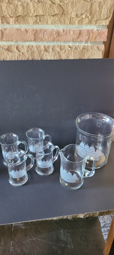 Vintage  Pitcher & Mugs & Ice Bucket - Sailing Ship Design