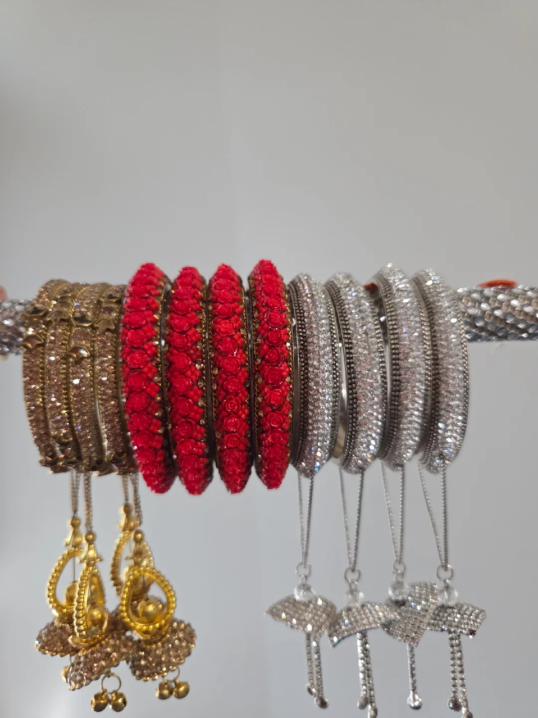 Set of 3 Bangles: Gold, Red, Silver thumbnail
