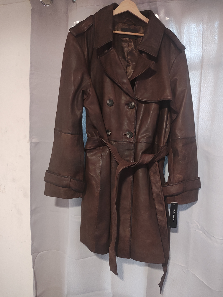 Tahari Chocolate Leather Trench Coat 3X