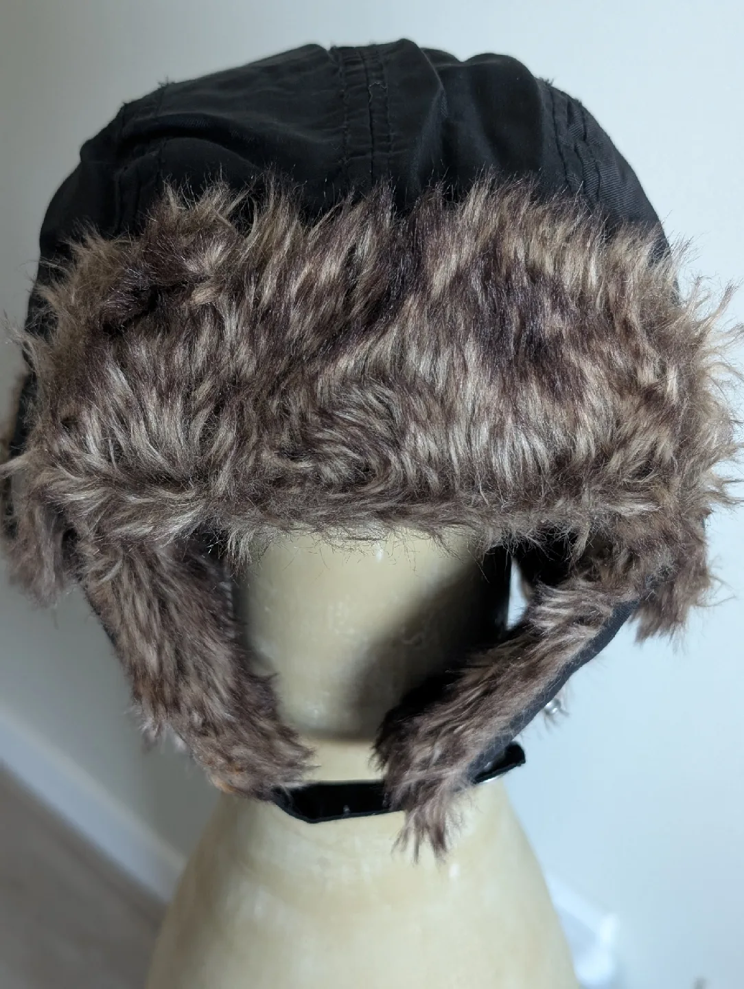 Black Trapper Hat with Faux Fur Trim thumbnail