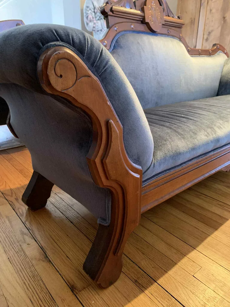 Antique blue velvet couch. Made in Toronto. image indicator(2)