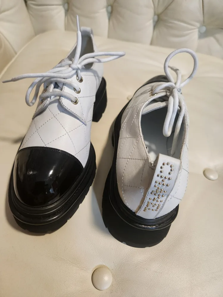 Chanel White & Black Leather Platform Shoes image indicator(3)