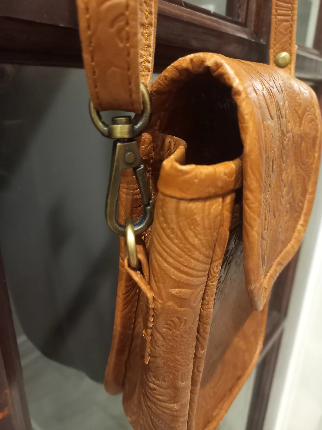 Floral Embossed tan Leather Crossbody Bag image indicator(6)