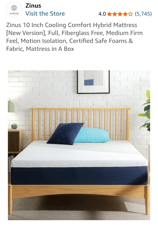 Unused! Zinus 10 Inch Cooling Comfort Hybrid Mattress image indicator(3)