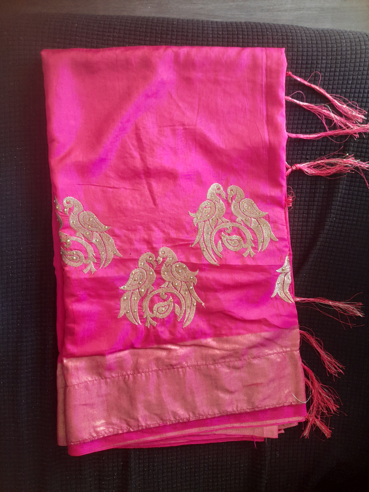 Pink Saree with Bird Embroidery
