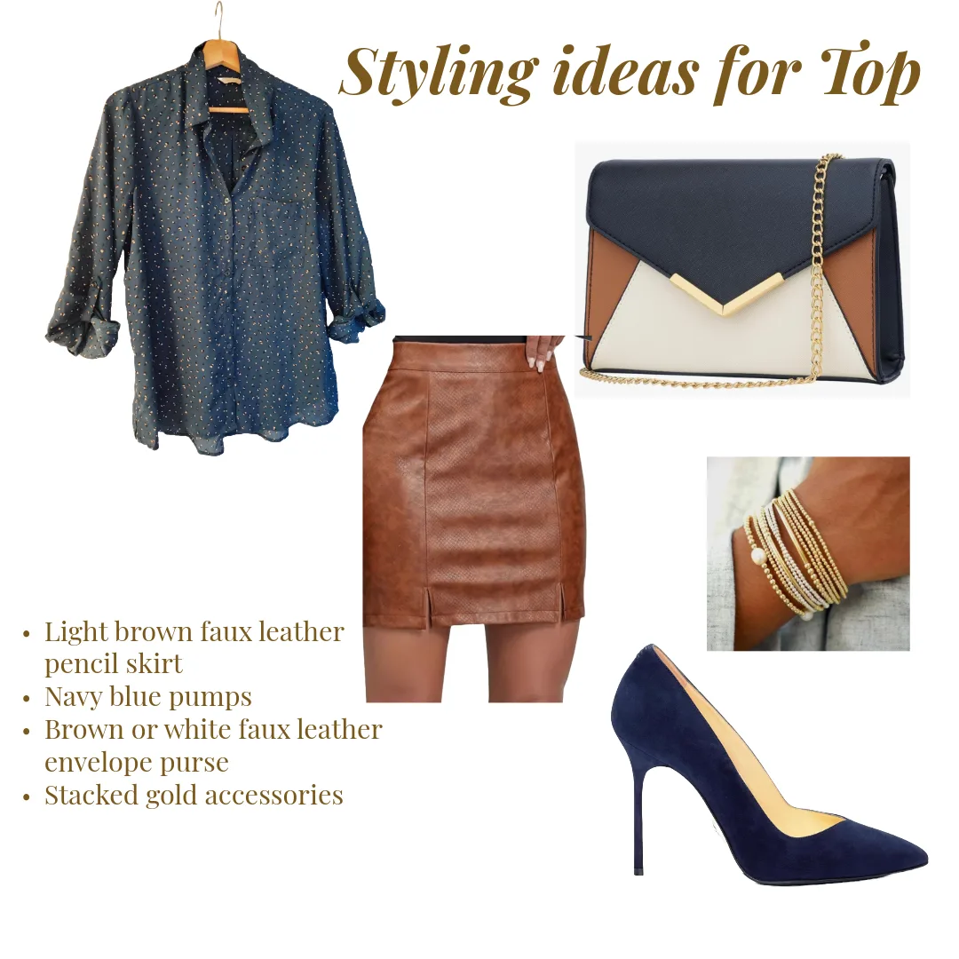 Women's Navy Blue Button-Down Dress Shirt with Speckled Print image indicator(2)