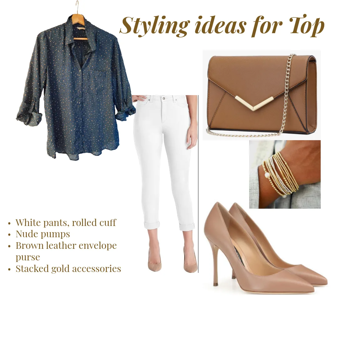 Women's Navy Blue Button-Down Dress Shirt with Speckled Print image indicator(3)