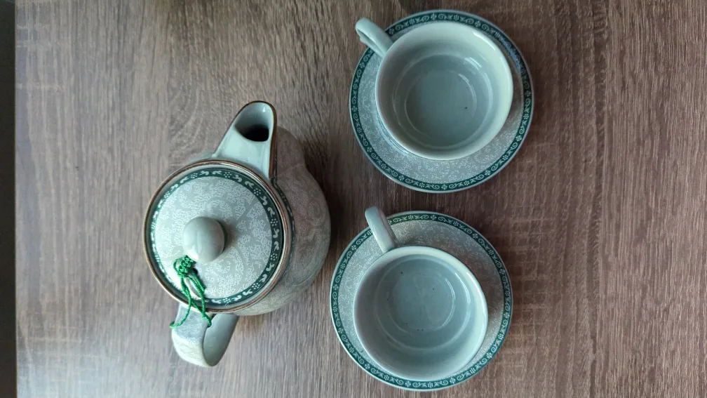 Tulowice pottery tea or coffee pot from Poland pot and Two Cups image indicator(2)