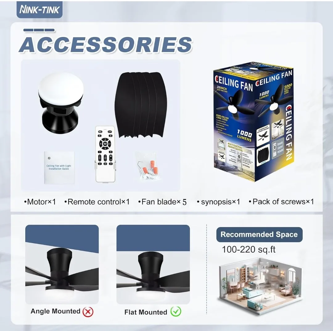 NINK-TINK Black Ceiling Fan with Light & Remote image indicator(2)