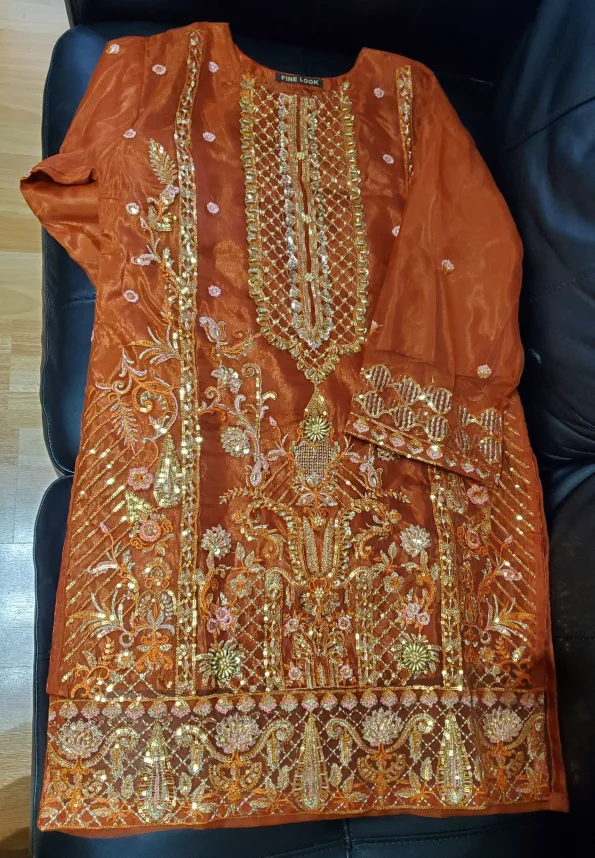 Burnt Orange Embroidered Shalwar Kameez, 3-piece suit thumbnail