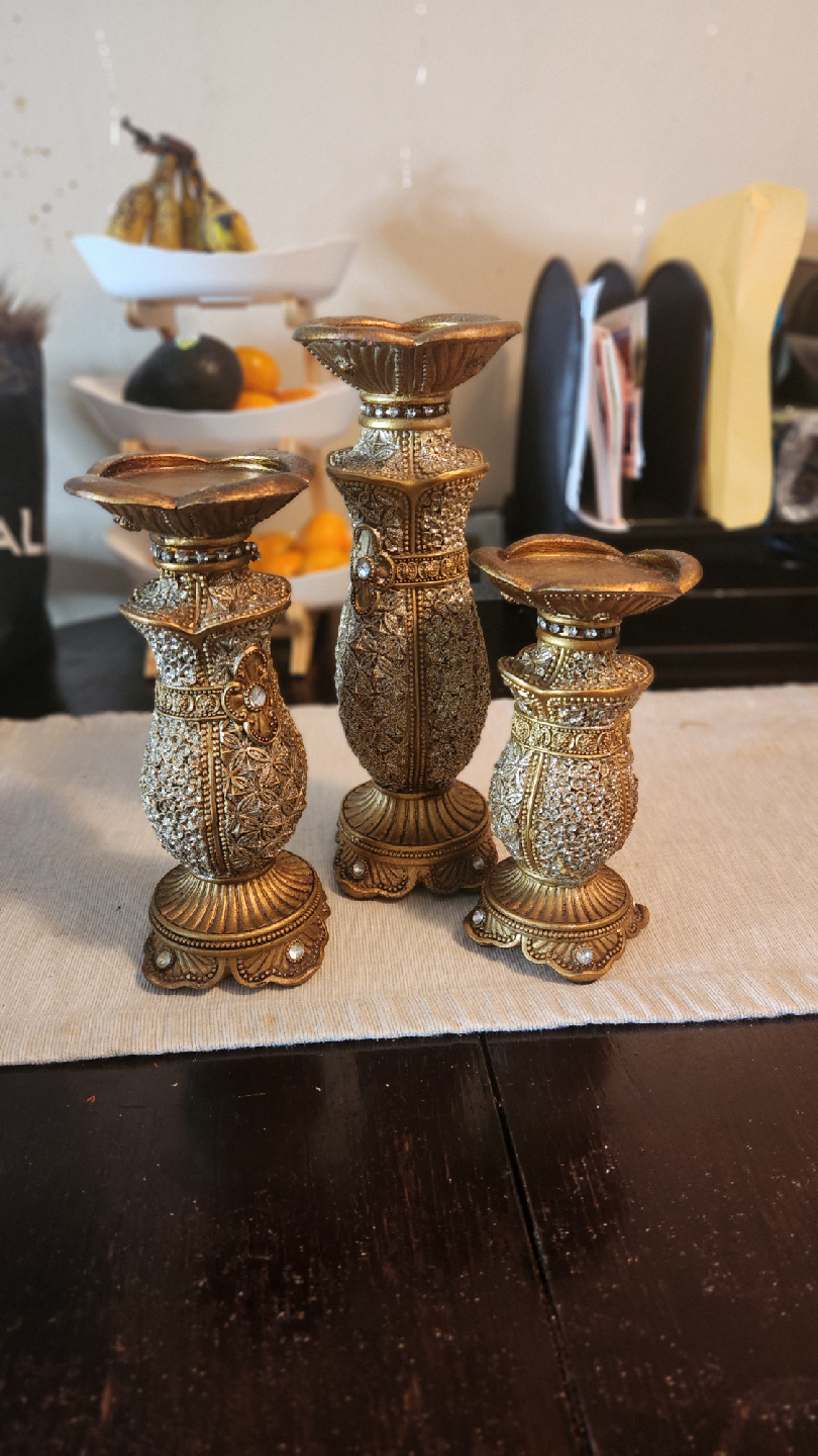Set of 3 Decorative Gold Candle Holders - photo 2