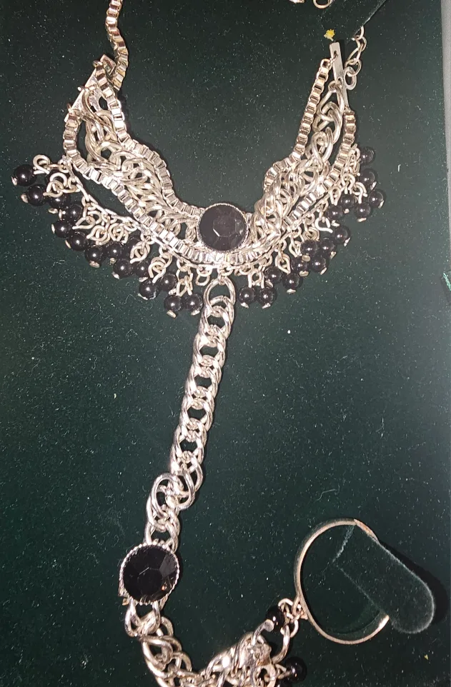 Silver Hand Chain Bracelet with Black Beads