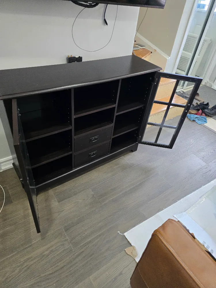 Dark Brown TV Stand with Glass Doors thumbnail