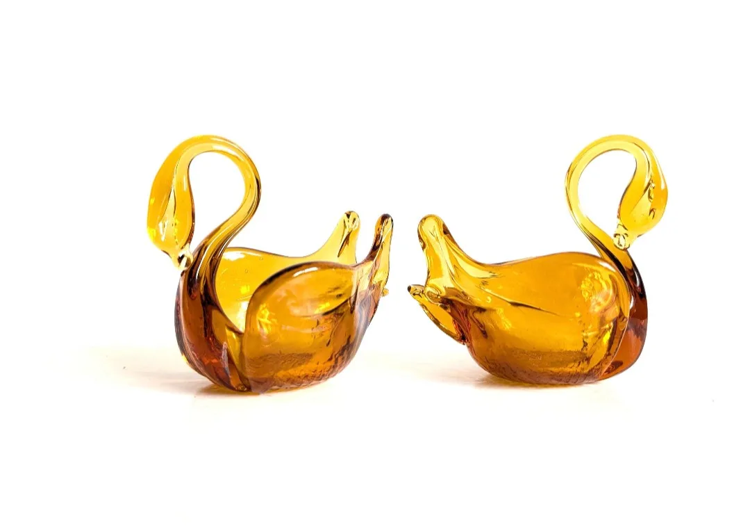 Hand Blown Amber Glass Swan Sculptures thumbnail
