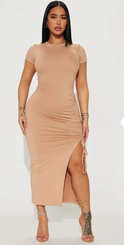 Fashion Nova Ruched Slit Midi Dress - Nude