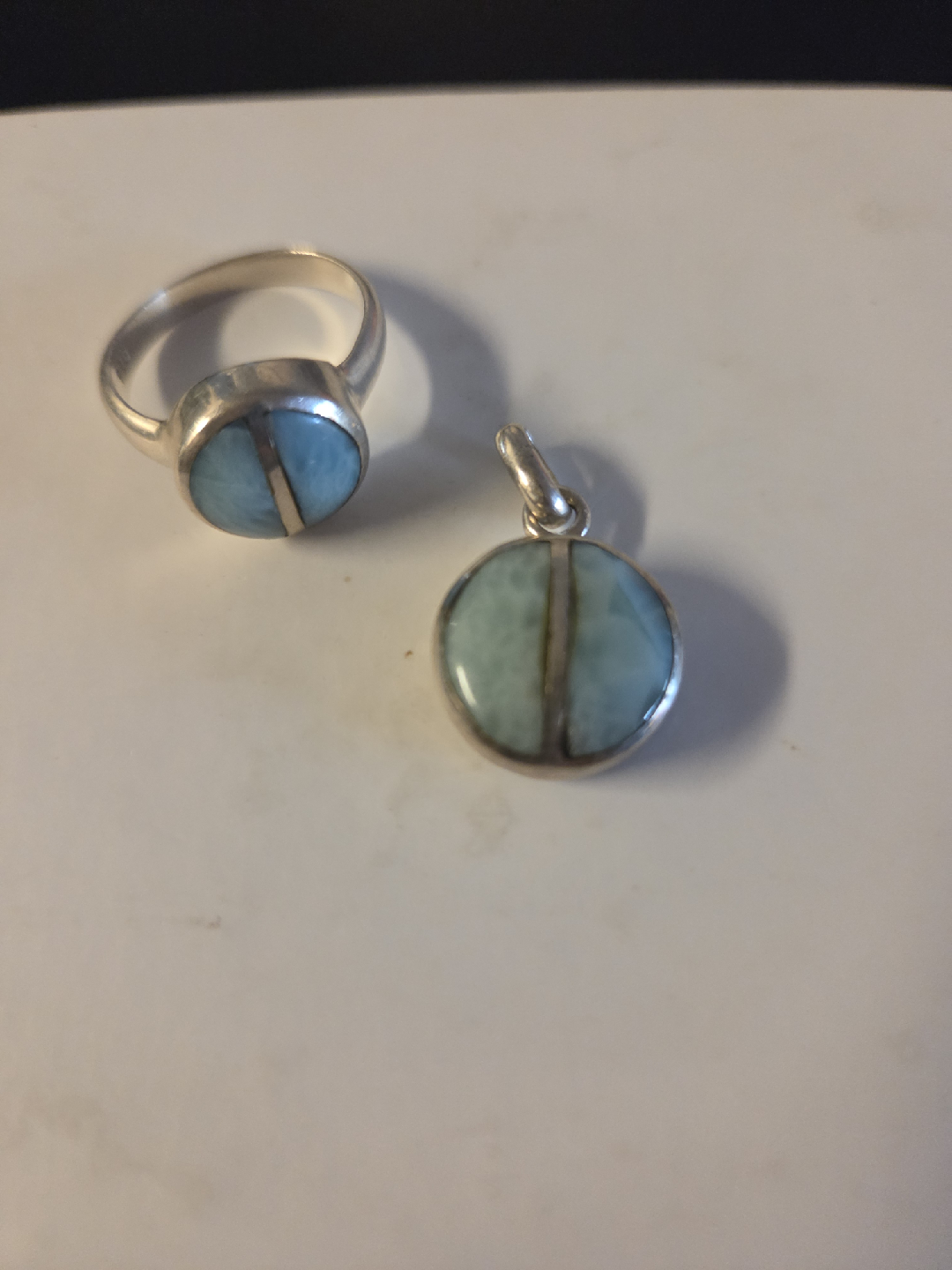 Sterling Silver Larimar Ring and Pendant Set