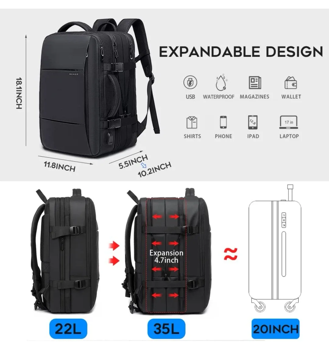 BANGE 35L Travel Backpack - Black image indicator(2)