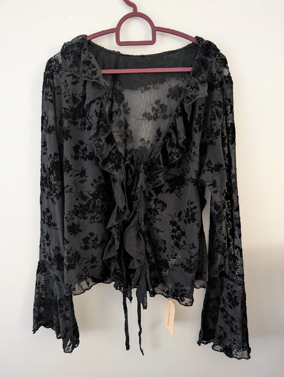 Shein Curve Black Floral Blouse Ruffled - Size 10 or 12 thumbnail