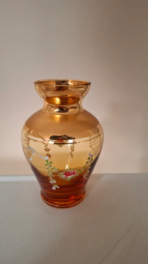 Murano-style Amber Glass Bud Vase with Floral Design thumbnail