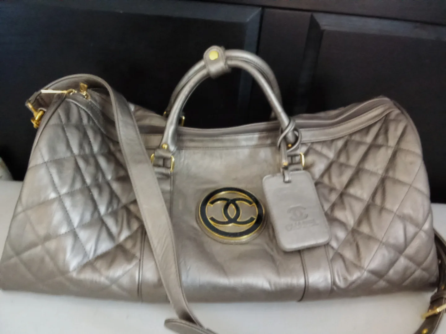 Silver Metal Color Travel Quilted Leather Bag thumbnail