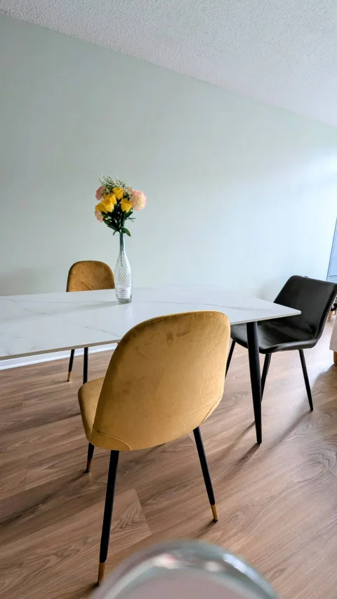 Modern Dining Chair - Mustard Velvet & Grey Leather