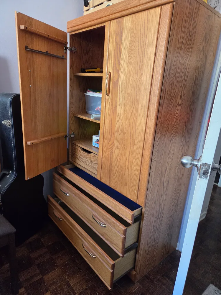 Oak Armoire with Drawers and Shelves thumbnail