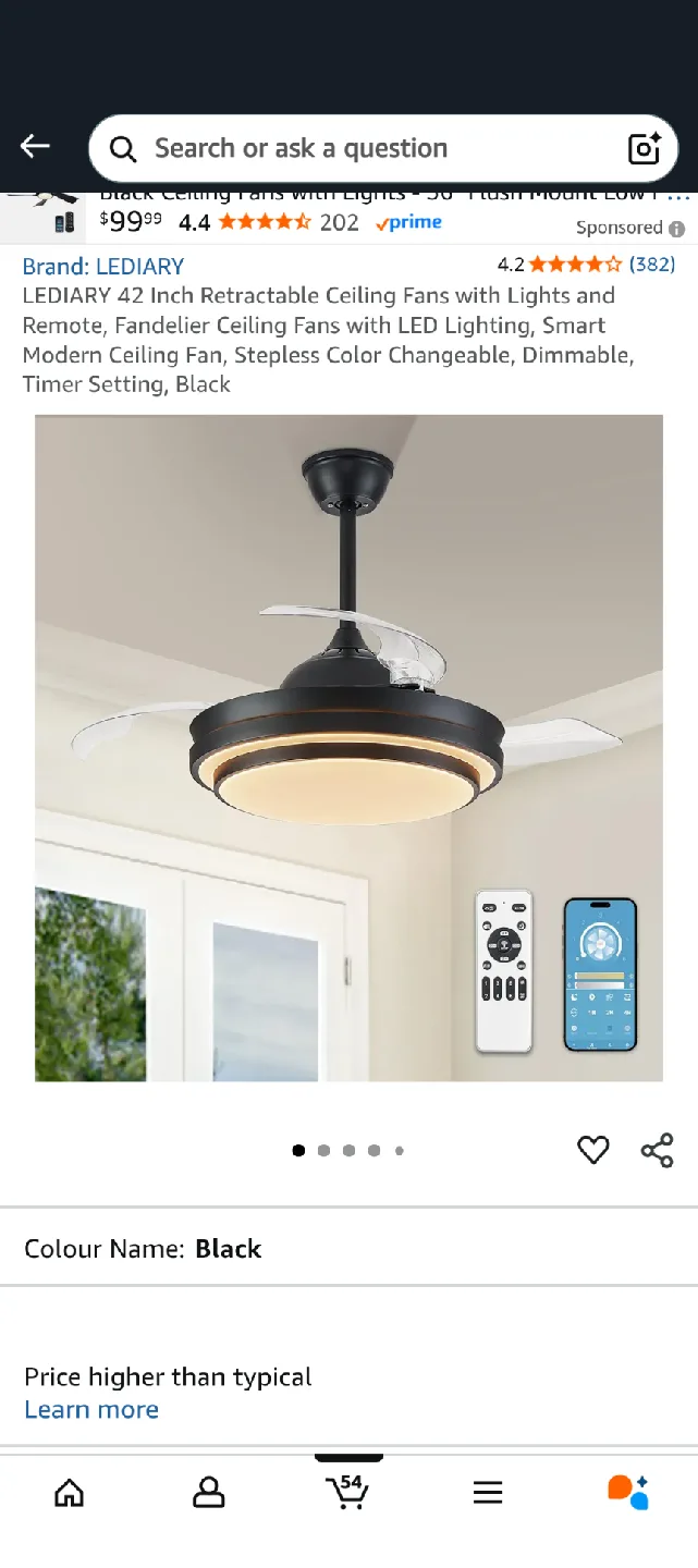 LEDIARY 42 Inch Retractable Ceiling Fan - Black thumbnail