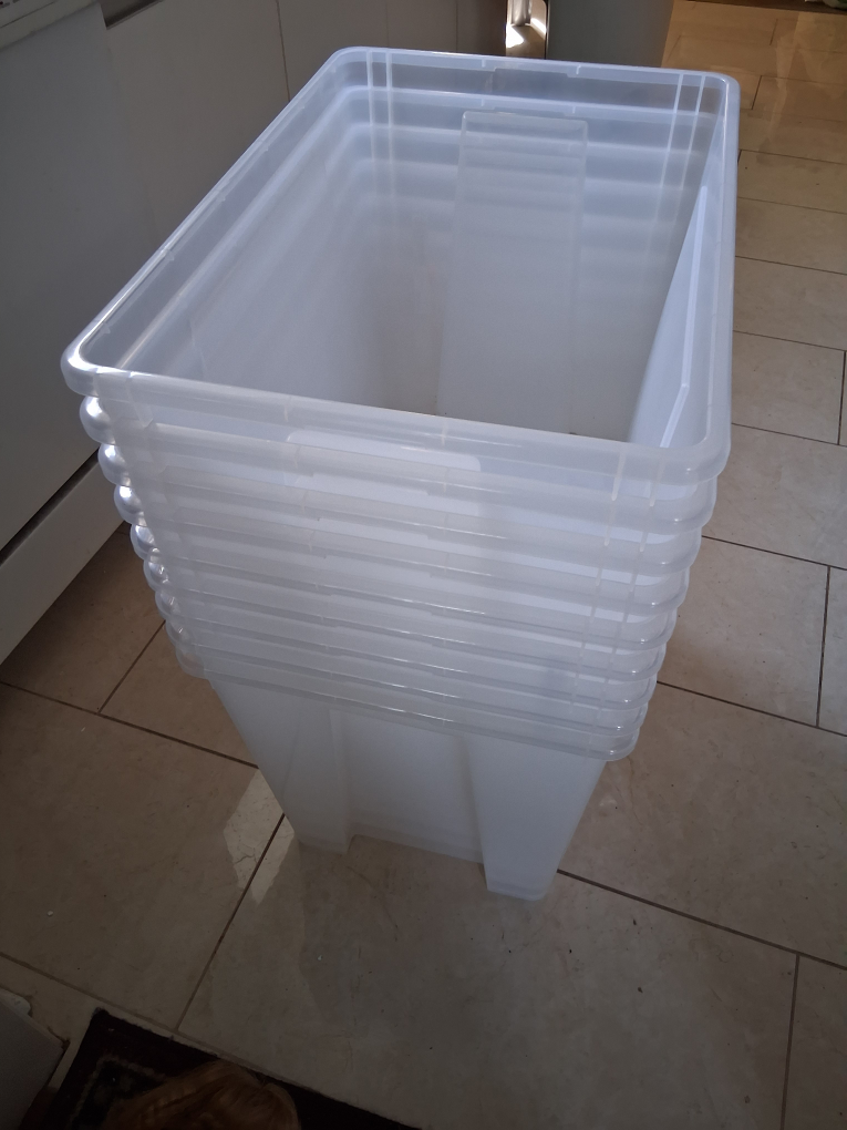 9 large clear storage bins with lids - 1 for $15 or 9 for $132