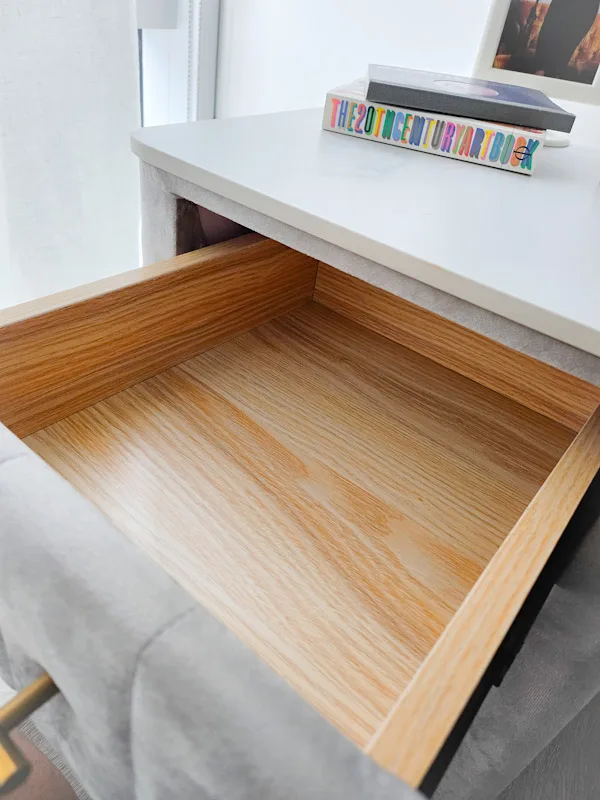 Gray Upholstered Side Tables with Gold Handles image indicator(2)