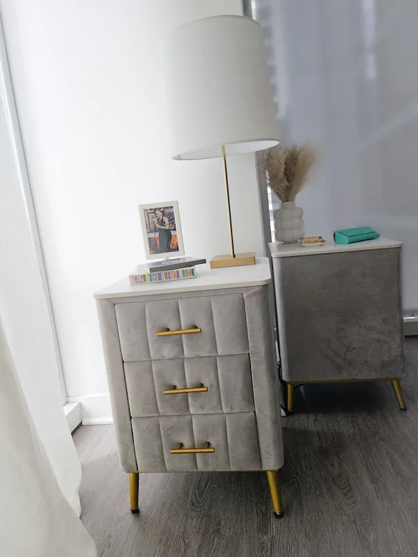 Gray Upholstered Side Tables with Gold Handles image indicator(6)