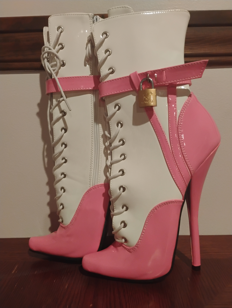 Pink & White Lace-Up Heel Boots