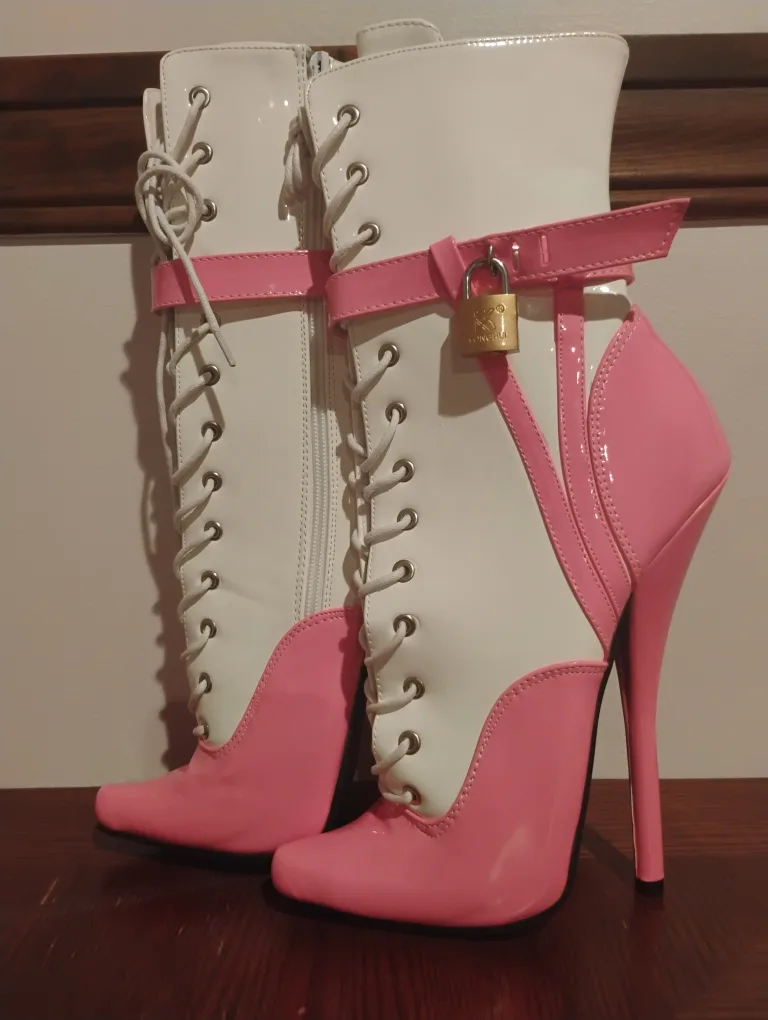 Pink & White Lace-Up Heel Boots thumbnail