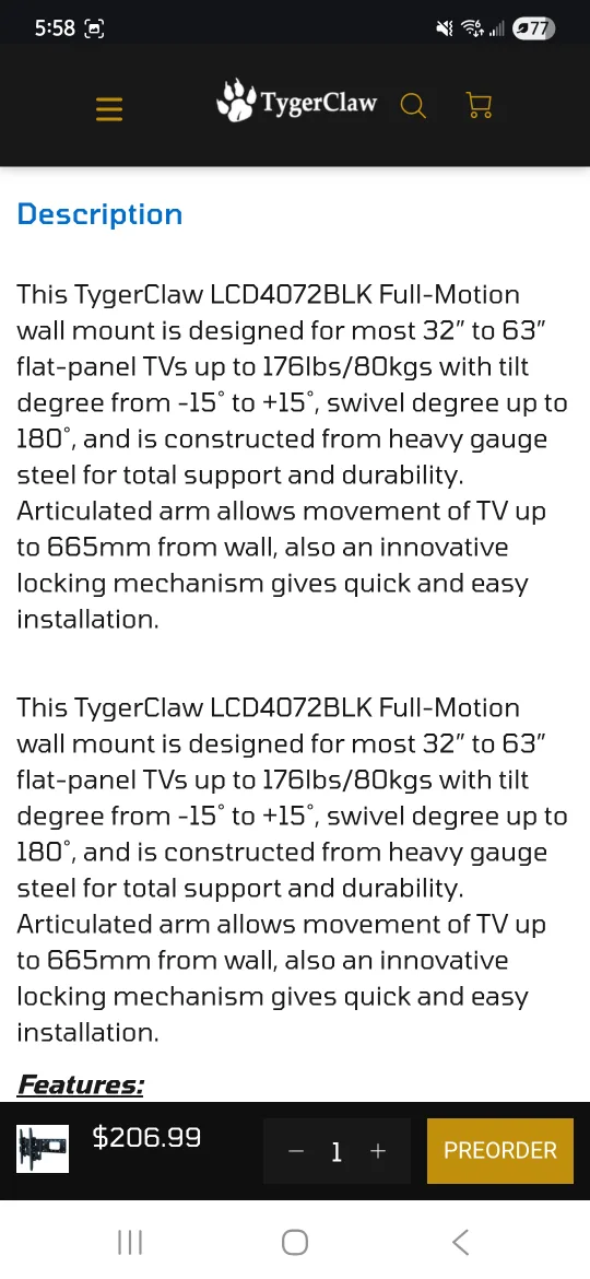 New! TygerClaw LCD4072BLK Full Motion Wall Mount 32-63 inch image indicator(2)