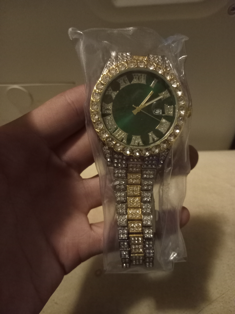 Luxury CZ Men's 2-Tone Green Dial Watch & Matching Bracelet