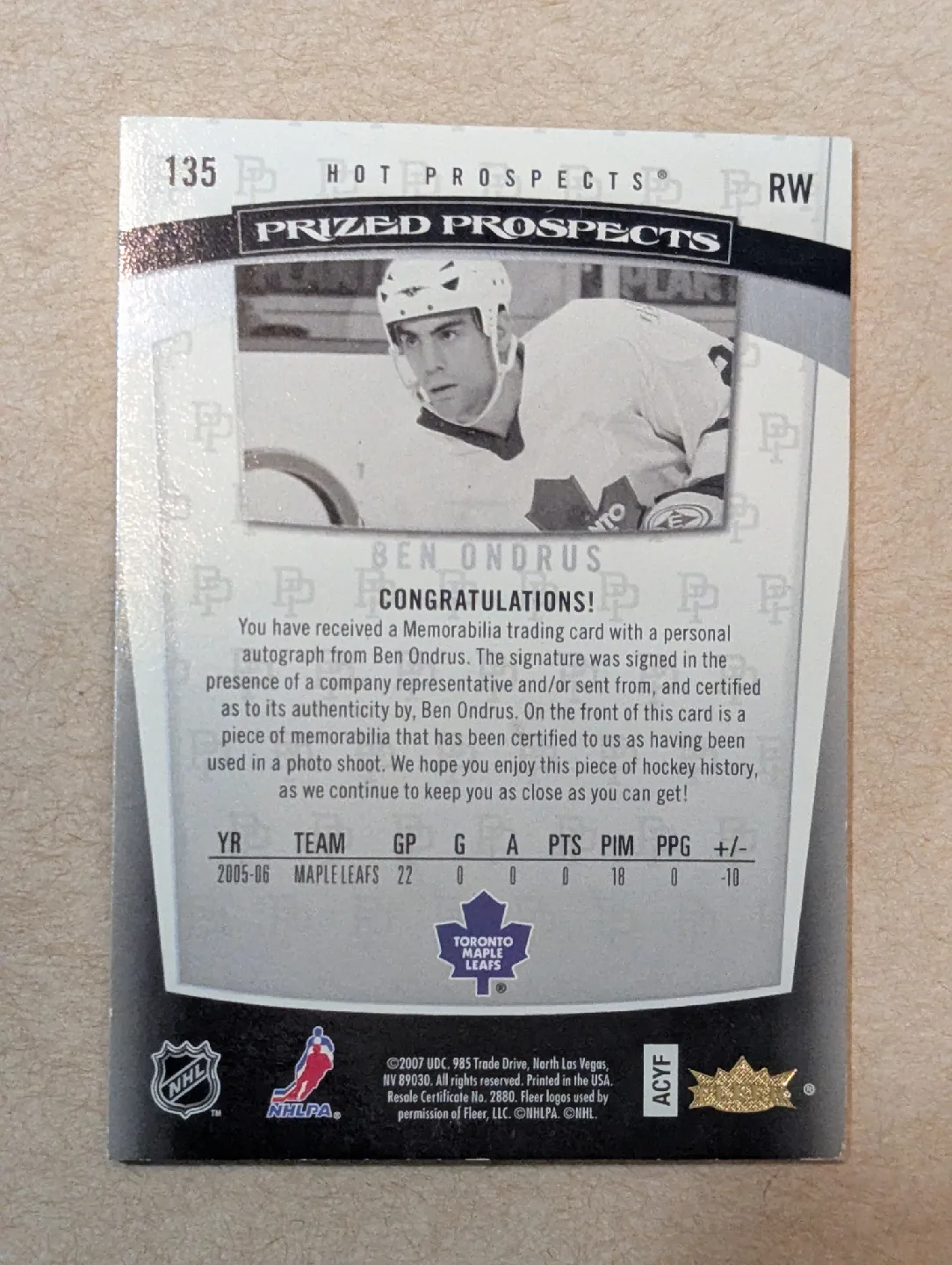Hot prospects Ben Ondrus rookie patch auto /599 image indicator(2)
