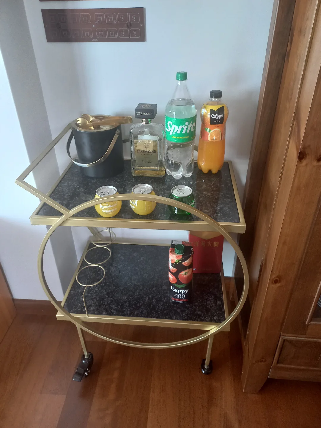 Genuine Black Marble Bar Cart with Gold Finish