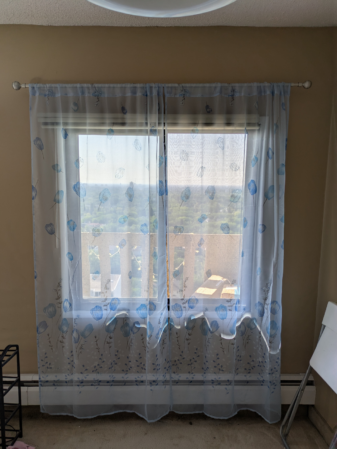 Blue Floral Sheer Curtains with Rod