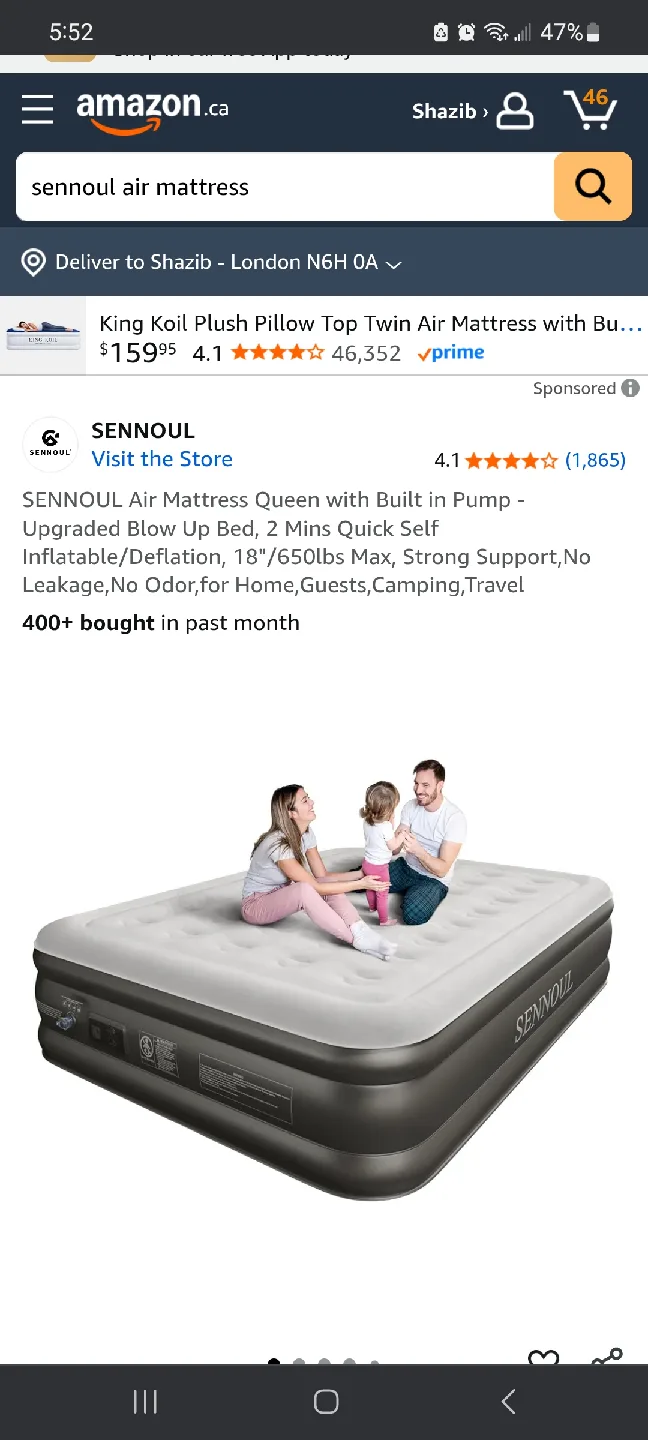 SENNOUL Queen Size Air Mattress - 80"x60"x18" brand new thumbnail
